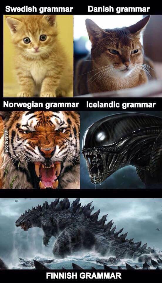 Different Nordic grammars depicted as creatures